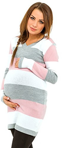 HAPPY MAMA Femme Maternité Robe Pull de Grossesse. Rayures variées. 405p (Rose Bébé, 44-46, 2XL/3XL)