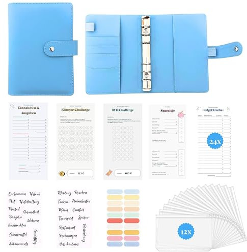 MOSMO Budget Planner Deutsch A6 – PU Leather Finanzplaner, Sparbuch für Geld, Haushalts-Buch zum Eintragen, Geldsparmappe, Budget Binder & Personal Organizer (Blau)