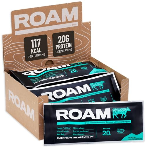ROAM Natural Protein Bars, Meal Replacement Keto Bars, 6 x 45g Jerky-like Beef Bar & Healthy Snacks, Gluten Free Keto Food, Low Carb Snacks (Salt, Pepper & Porcini Mushroom)