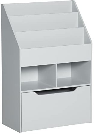 HOMCOM Estantería Infantil de Madera con 3 Compartimentos 2 Cubos y Cajón Móvil con 4 Ruedas Librería Infantil para Habitación de Niños Sala de Juegos 60x29,9x90 cm Gris