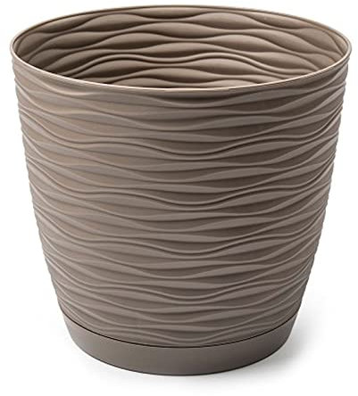 Tradineur - Maceta Redonda con Plato - Diseño Wind (Ø 19 cm) - Fabricado en plástico - Ideal para jardín Exterior, terraza o balcón - Color Surtido