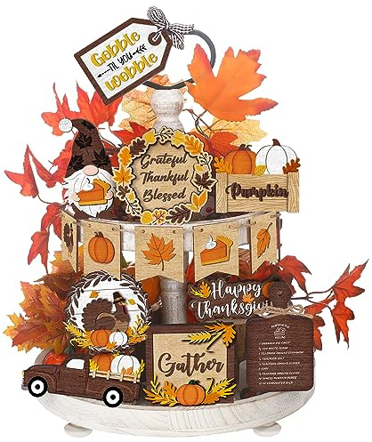 Set of 15 Fall Tiered Tray Decor Pumpkins Farmhouse Decor Autumn Maple Leaf Table Centerpieces Thanksgiving Harvest Wood Blocks Signs for Home Decor(Elegant Style)