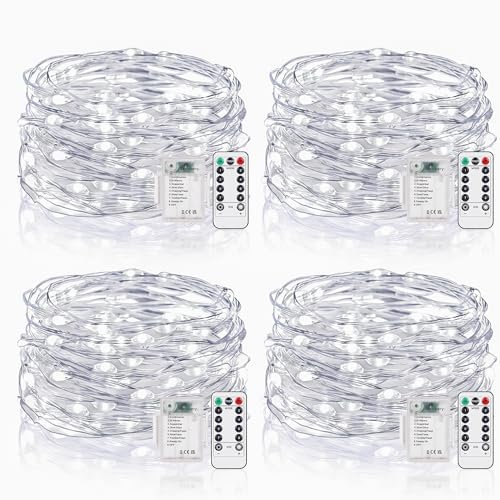 Vacoulery Lucine Led Decorative a Batteria, 5M 50 LEDs 8 Modalità Luci Led IP65 Impermeabile con Telecomando, Timer e Dimmer per Interni e Esterni, Natale, Feste, Camera (4 Pezzi, Bianco Freddo)