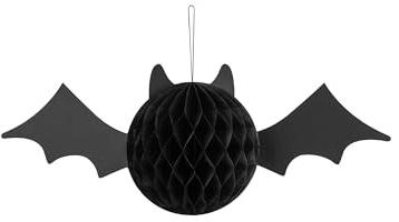 PartyDeco Wabenball Pompom Fledermaus 45x17cm Papier - hängende Papierkugeln für Halloween Gruselparty Kindergeburtstag - Wabenbälle und Pompons Deko zum Aufhängen Basteln Dekorieren - Schwarz
