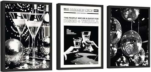 EXCOOL CLUB Vintage-Discokugel-Poster – 30,5 x 40,6 cm, schwarz-weiß, Wandkunst, 70er-Jahre-Tequila-Druck, trendige Zeitung, ästhetische Bilder, Retro-Barwagen-Dekoration, Disco, flippige Dekoration