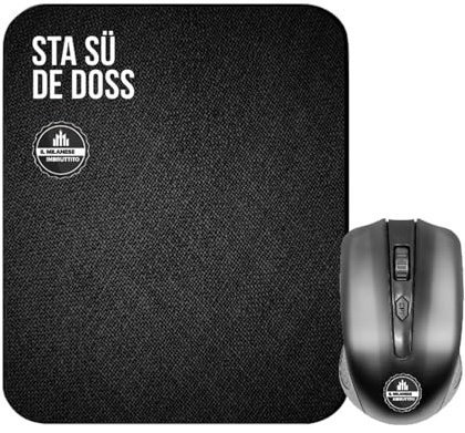 ekon mouse wireless e tappetino Milanese Imbruttito Sta sü de doss, 4 tasti, ergonomico, ricevitore USB, tappetino mouse antiscivolo, per laptop, PC, notebook, MacBook, nero