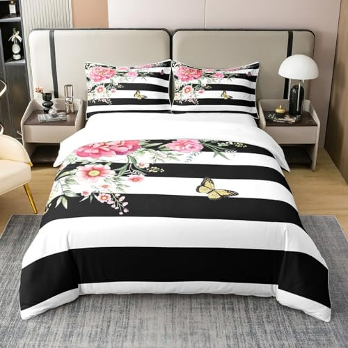 Homewish 100% Coton Naturel, Housse de Couette 220x240 À Fleurs Roses en 100% Coton, Ensemble de Literie À Rayures Noires et Blanches, Parure de Lit Rose et Noire, Couvre Lit Rose Papillons