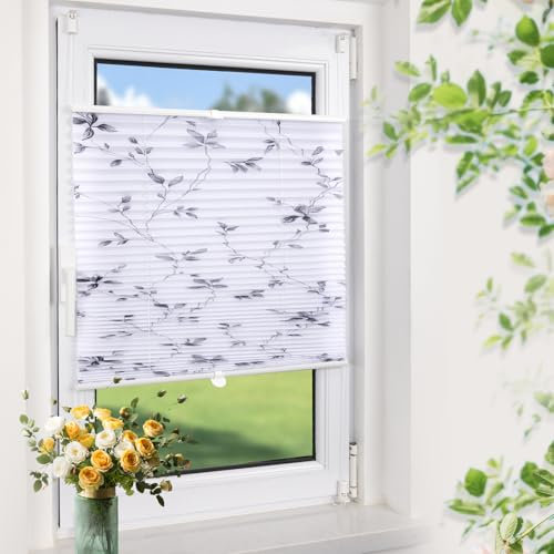 Plissee ohne Bohren Blumenmotiv 90x130cm(BxH) Weiß Plissees Klemmfix ohne Bohen Blickdicht Faltrollo Lichtdurchlässig Rollos für Fenster ohne Bohren