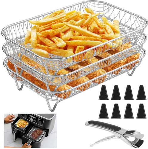 12Pcs Air Fryer Rack for Ninja Dural,3 Layer Stainless Steel Stacking Bacon Rack with 8 Silicone Feet 1 Anti-Scald Clip,Air Fryer Accessories for Ninja Baking Roasting Air Fryer Oven