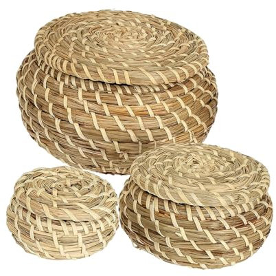harayaa Cesta de Mimbre Redonda con Tapa para Estante, Llaves Y Baño, 3 Piezas