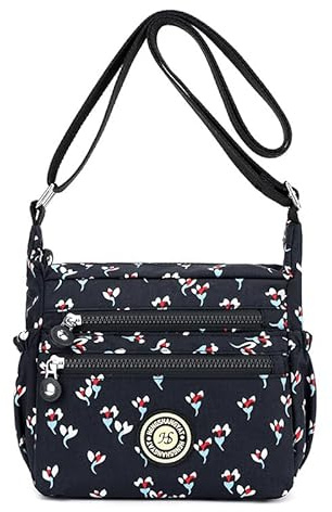 YYW Womens Multi-Pocket Casual Cross-Body Bags Waterproof Nylon Shoulder Bags Messenger Handbag for Shopping Hiking Daily Use (M-Black Flowers)