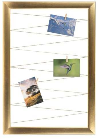 CLAMARO 'Neo Collage Line' Fotohalter 40x60 cm | Gold | Hochformat Bilderrahmen mit Fotoleine aus Juteband und Holzklammern | Ideal als Fotocollage Galerie, Fotowand oder Fotorahmen
