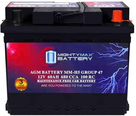 Mighty Max Battery MM-H5 Start and Stop Car BCI Group Size 47 12V 60 AH, 100RC, 680 CCA Rechargeable AGM Car Battery
