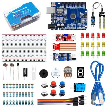 JDXFENG Kit básico de Inicio con Placa de Pruebas Fuente de alimentación Resistencias Sensores LED Kit de programación educativa Electrónica Kit básico de Inicio para (Arduino) UNO R3
