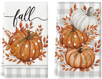 Artoid Mode Lot de 2 torchons de cuisine en polyester Motif carreaux d'érable Orange Citrouilles Automne 42 x 65 cm