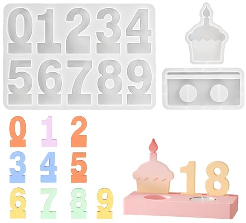 DONQL 3 Silikonform Gießformen Kerzenhalter, Silikonform Zahlen 0-9 + Silikonform Kuchen + Silikonformen Kerzenhalter, Silikon Formen zum Gießen, Geburtstagskerzen Zahlen für Feste Geburtstagsfeiern