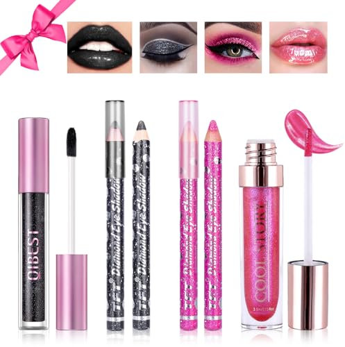 Desing Wish 4 Stück Glitzer Lippenstift Schwarzer Lidschatten Stift Set Schwarz Lip Gloss Balm Lippenstift 24 Stunden Halt Lipstick Long Lasting Pink Lidschattenstift Make up Schminke Damen Geschenk