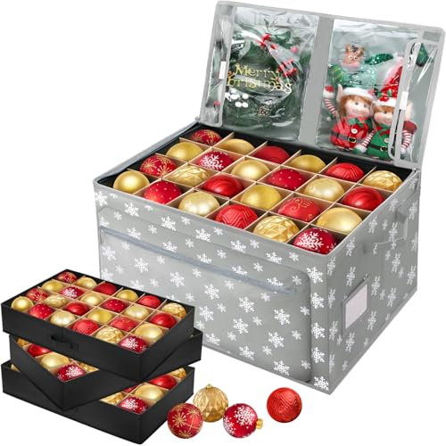LHMTQVK Große Aufbewahrungsbox für Weihnachtsdekoration, 600D-Stoff, verstellbare Trennwände, 3 einzelne Tabletts mit Trennwänden, 3 Taschen, Weihnachtsdekorations-Organizer, Schneeflocke, 182,9–10,2