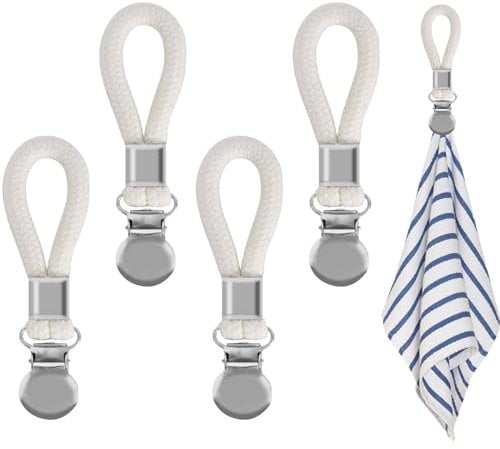 Cleminsta Handtuch Clips, 5er-Pack Hängende Handtuch Clips aus Metall mit Baumwollseil, Handtuchhalter für Küche, Badezimmer, Schränke, Strandtücher, Handtücher, für Zuhause & Reisen (Weiß)