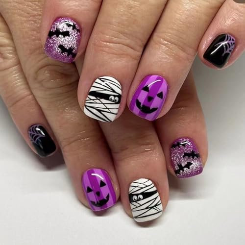 24 Pcs Halloween False Nails - Cute Short Press on Purple Glitter Grimace Square Stick on - With Glue for Women Girls Halloween Party