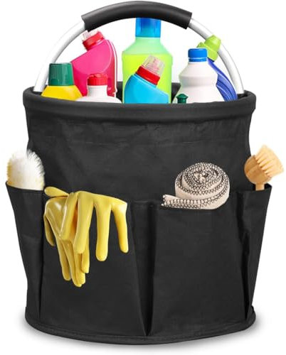 STORICANS Cleaning Caddy with Handle,Cleaning Bucket Organiser Foldable Cleaning Hamper Bucket Tool Bag Organiser,Collapsible Garden Small Tools Bag,Multi pocket Craft Caddy Universal,Black