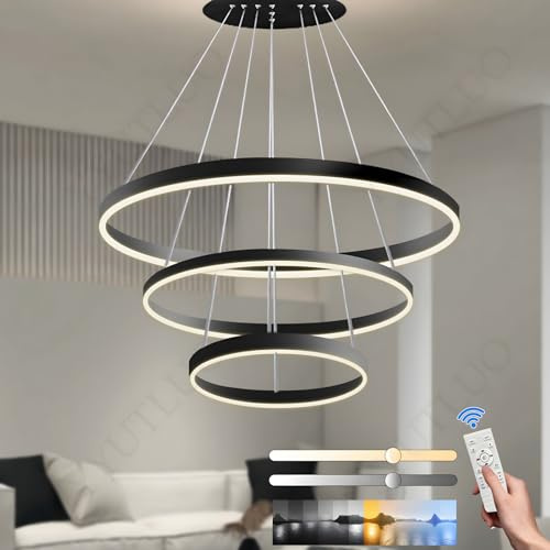 YYUTLUO Moderner DIY-Kreis-LED-Kronleuchter, 3 Schwarz Ring, ∅20+40+60cm=45W, H200cm Höhe Verstellbar, Metall+Acryl, Dimmbare Fernbedienung, Runde Hängelampe, Wohnzimmer Schlafzimmer Restaurant Büro