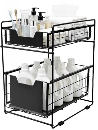 CHFUNE 2 Tier Küchenregal | Unter Sink Küchenschrank Organizer | Ausziehbarer Aufbewahrungsregal für Küche & Bad | Metall Unterschrankregal | Schlafzimmer Aufbewahrung | Schwarz