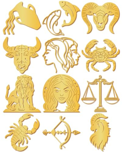 craspire 12 Sternbild Aufkleber Goldfarbener Metallaufkleber Mit Violetter Pinzette Wasserfest Selbstklebend Deko Paster Waage Stier Fische Abziehbilder Für Scrapbook Basteln Flaschen Telefon Laptop