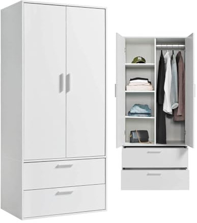 mokebo Kleiderschrank klein in Weiß 2-türig 'Der Kleiderheld, mit Zwei durchlaufenden Schubladen und Einlegefächern, Garderobenschrank, Flurschrank o. Schrank Holz in 80x180x51 (BxHxT)