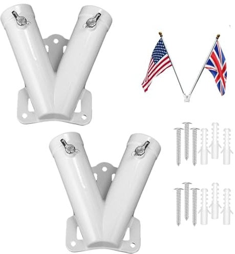 Penlimly Double Flag Pole Holder, 2 Pieces Aluminum Alloy Wall Mounted Flag Pole Bracket, Windproof Metal Flagpole Holder Bracket for Home Patio Garden Outdoor