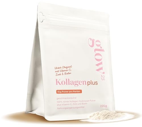 Glow25® Collagen Plus [225g] - Kollagen Hydrolysat mit Vitamin C, Zink und Biotin - Peptide Typ 1 und 3 - Gute Löslichkeit - Neutral