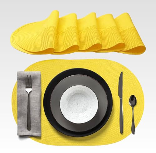 AGYO Set mit 6 ovalen Tischsets, geflochten, 44 × 29,5 cm, aus Polypropylen, Sonnengelb, rutschfest, waschbar und rollbar, elegant für Tisch, Küche, Garten