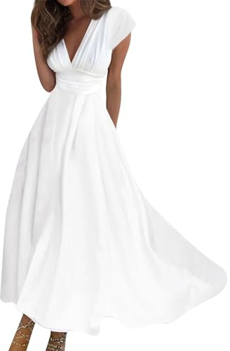 Maxikleid Damen Sommer Elegant Sommerkleid Lang A Linie Kleid Frauen V Ausschnitt Hohe Taille Kleider Tailliert Damenkleider mit Ärmel Sommerkleider Leicht und Luftig Strandkleid Schwingen