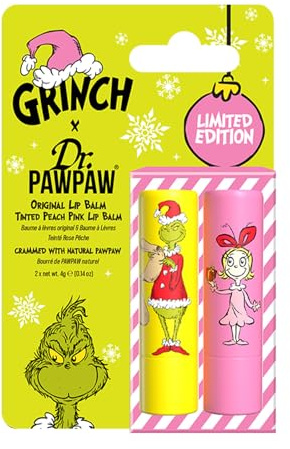 Dr.PAWPAW x The Grinch Peach Pink and Original Lip Balm Duo 2 x 4g, Tinted and Fragrance Free Pawpaw Lip Care, Vegan Hydrating and Nourishing Gift Set