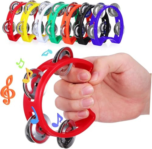 Tamburin für Erwachsene, Handglocke, Percussion-Musikinstrumente (7 Farben) – Musik-Halbmond-Mini-D-Hand-Shaker mit Metallklingeln, 14 Stück