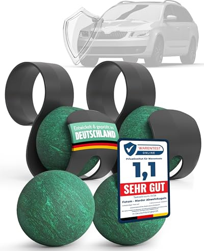 Futum 4X Marder Abwehrkugeln - 4er-Set inkl. Halter – Marderschreck Auto mit natürlichem Duftwirkstoff – Marderabwehr Auto mit Sofortschutz – Langanhaltender Marderschutz für Auto für bis zu 6 Monate