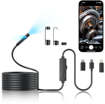 Dual-Lens Endoscope Camera with Light, 1920P HD Inspection Camera for Automotive & Home, IP67 Waterproof Borescope with Semi-Rigid Cable, Detects Pipe Clogs, Engine Issues -5M for iPhone Android
