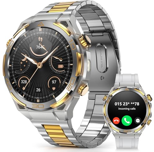 IOWODO Smartwatch Herren Luxus Business mit 14K Gold-Inlay, ChatGPT KI, GPS & Kompass, 1,43 AMOLED, Bluetooth Telefonie, 20 Tage Akku, AI Watch Faces, Gesundheitsmonitor, 100+ Sprotmodi, Silber