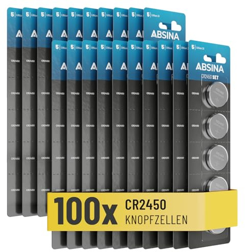 ABSINA CR2450 Knopfzelle 3V Lithium für Blitzerwarner UVM - auslaufsicher | 100er Pack CR 2450 3 Volt Knopfzellen - Batterien mit langer Haltbarkeit