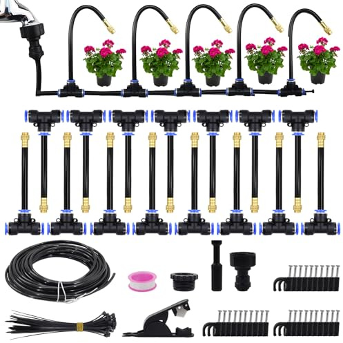 Sistema irrigazione 15m 15 ugelli 360° per prato & raffreddamento a nebbia | Tubo PE 15m, 15 ugelli ottone 360° regolabili (antiruggine), risparmio acqua per patio & serra – montaggio a innesto.