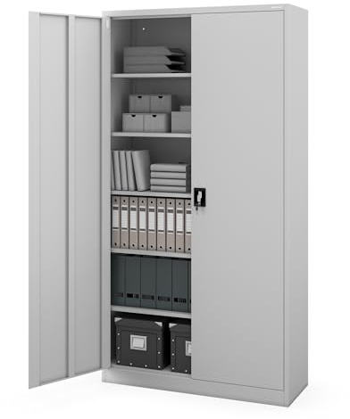 Jan Nowak Aktenschrank Büroschrank Metall hoch, abschließbar, 220x115x40 cm | Dokumentenschrank, Ordnerschrank für 80 Ordner, 5 verstellbare Fachböden je 60 kg, Personalschrank, Wandmontage möglich