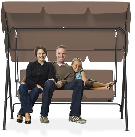 PEILU 176x110x152cm Hollywoodschaukeln mit Sonnendach & Sitzauflage & Stahl Rahmen, 3-Sitzer Garten Schaukelbank belast bis 200KG, Schaukelbank Gartenliege für Outdoor & Indoor (Braun)