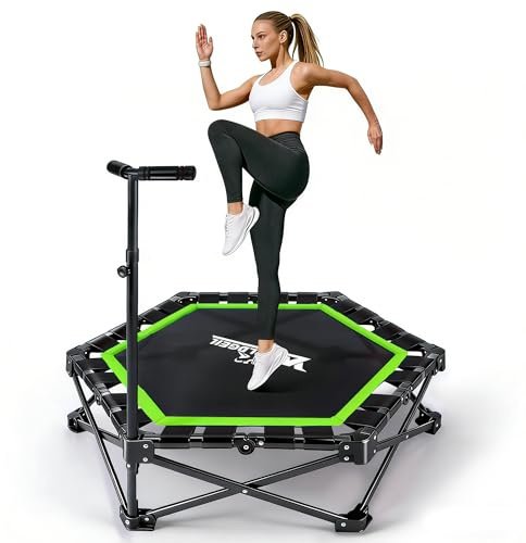 Worldgeil Trampolin Indoor Klappbar - Mini Trampolin mit Höhenverstellbarer Handgriff - Tragkraft 150 kg - Ø 86.5 cm - Jumping Trampolin Fitness für Erwachsene & Kinder - Sport Geräte für Zuhause