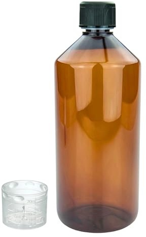 Devitre braune Laborflasche 1000 ml mit Messbecher und Etikett Lebensmittelecht