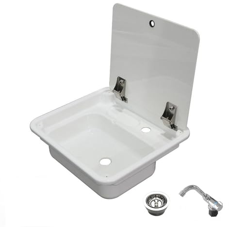 Evier Camping Car, Évier de Cuisine avec Couvercle, Lavabo Camping Car en Acrylique, Robinet Pliable et Bonde, Idéal pour Bateaux, Caravanes