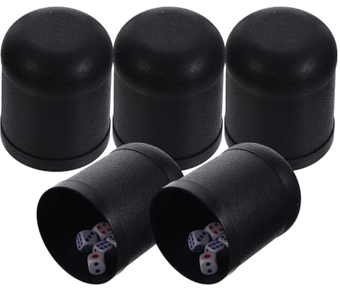 AMUSLESUR Mini gobelets à dés en Plastique 5 Sets avec 25 dés Noirs pour Bars et Divertissement Indoor léger et Portable Plusieurs Styles