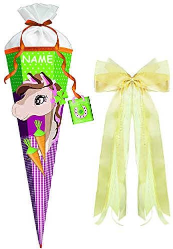 alles-meine.de GmbH 3-D Effekt BASTELSET Schultüte - Pferd - Huppdiwupp - 85 cm - incl. großer Schleife + Name - mit Holzspitze - Zuckertüte - Set zum selber Basteln - 6 ec..
