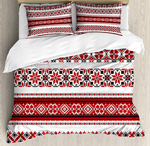 ABAKUHAUS rot Bettbezug Set für Einzelbetten, Ukrainisch Akzente, Milbensicher Allergiker geeignet mit Kissenbezug, 230 x 220 cm - 70 x 50 cm, Rot Schwarz Weiß