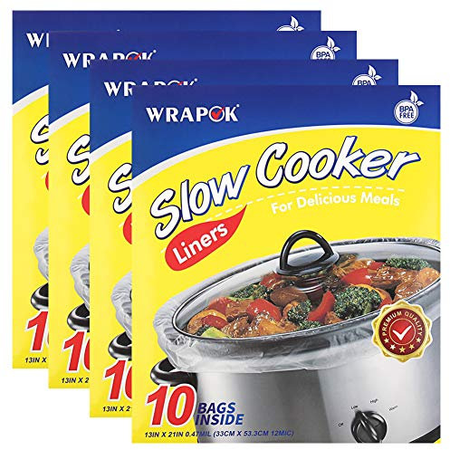 WRAPOK Slow Cooker Liners Kitchen Disposable Cooking Bags BPA Free for Oval or Round Pot, Large Size 13 x 21 Inch, Fits 3 to 8.5 Quarts - 4 Pack (40 Bags Total)