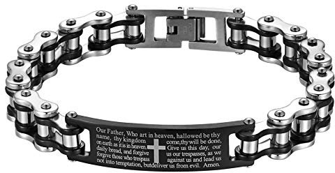 JewelryWe Schmuck Herren Armband Edelstahl Kreuz Bibel Fahradkette Motorradkette Biker Armreif Armspange Silber Schwarz